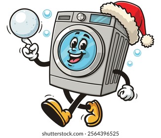 Washing Machine playing snowballs and wearing a christmas hat,  Cartoon Character Mascot Illustration Vector Clip-art Hand-drawn Logo Design