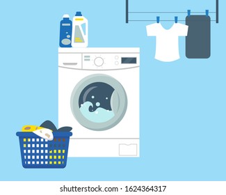 Washing machine with powder and cleanser, basket with dirty clothes to wash and clean clothes. Laundry service room vector illustration.