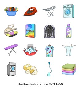 Washing machine, powder, iron and other equipment. Dry cleaning set collection icons in cartoon style vector symbol stock illustration web.