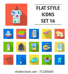 Washing machine, powder, iron and other equipment. Dry cleaning set collection icons in flat style vector symbol stock illustration web.