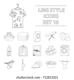 Washing machine, powder, iron and other equipment. Dry cleaning set collection icons in outline style vector symbol stock illustration web.