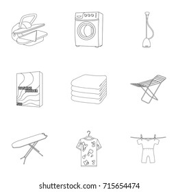 Washing machine, powder, iron and other equipment. Dry cleaning set collection icons in outline style vector symbol stock illustration web.