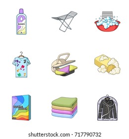 Washing machine, powder, iron and other equipment. Dry cleaning set collection icons in cartoon style vector symbol stock illustration web.