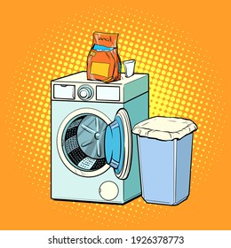 washing machine and washing powder. Pop art retro vector illustration vintage kitsch 50s 60s style