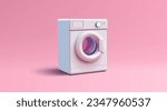Washing machine realistic 3d illustration, household or laundry equipment, render on pink background
