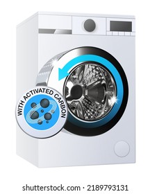 Washing machine with realistic shiny stainless steel drum for advertising banners, cleaner and disinfectant, washing machine deep hygienic cleaning. care and maintenance. vector illustration