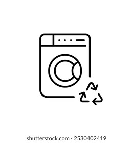 Washing machine with recycling symbol. Sustainable washing habits, energy efficiency and water saving practices doing laundry. Home appliances recycling. Pixel perfect, editable stroke icon