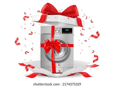 Washing machine with red ribbon and bow inside open gift box. Gift concept. Kitchen appliances. Isolated 3d vector illustration. 3D rendering.