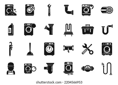 Washing Machine Repair Icons Set Simple Vector. Broken Appliance. Washing Accident