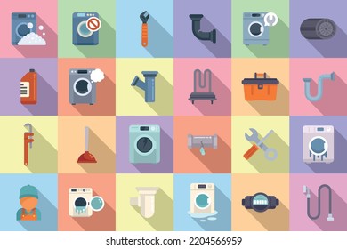 Washing machine repair icons set flat vector. Broken appliance. Washing accident