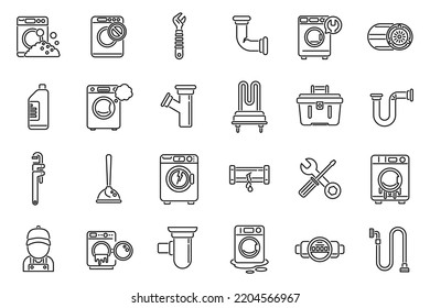 Washing machine repair icons set outline vector. Broken appliance. Washing accident