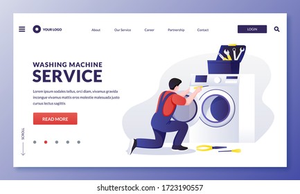 Washing machine repair service. Mechanic worker fixing laundry electrical equipment. Vector flat cartoon character repairman illustration. Home maintenance services concept