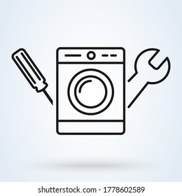 Washing machine repair service vector illustration in line style. Plumbing services, household appliances repair icon.