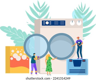 Washing machine repair service, web page vector illustration. People worker make electric equipment maintenance. Technician man fixing household