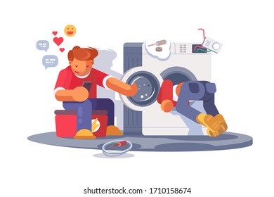 Washing machine repair vector illustration. Repairmen overhauling broke down washer flat style concept. Guy sitting on toolbox and surfing internet on smartphone