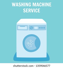 Washing Machine Service at Home Vector Illustration. Broken Leaking Automatic Washing Machine Pictogram Concept. Professional Plumber Repair Washer Repairman Maintenance Handyman Fixing