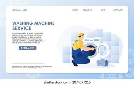 Washing machine service homepage. Professional plumber in blue overall repair or install washer in bathroom. Screwdriver in hand, toolbox on floor. Vector illustration