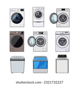 washing machine set cartoon. wash washer, clean household, home room, interior modern washing machine sign. isolated symbol vector illustration