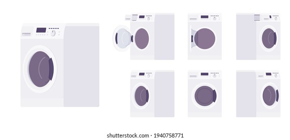 Waschmaschine, Wäschetrockner, Waschmaschine, Haushaltsgerät. Front-Loader automatische moderne Haushaltsgeräte. Vektorgrafik im Flachstil, einzeln auf weißem Hintergrund, verschiedene Ansichten