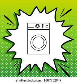 Washing machine sign. Black Icon on white popart Splash at green background with white spots. Illustration.