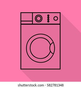 Washing machine sign. Black icon with flat style shadow path on pink background.