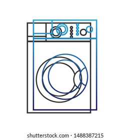 Washing machine sign. Blue icon with gold contour with dark gray shadow at white background. Illustration.