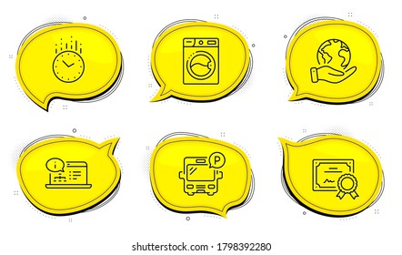 Washing machine sign. Diploma certificate, save planet chat bubbles. Online documentation, Time and Bus parking line icons set. Web engineering, Clock, Public park. Laundry. Business set. Vector