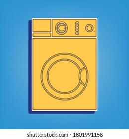 Washing machine sign. Golden Icon with White Contour at light blue Background. Illustration.