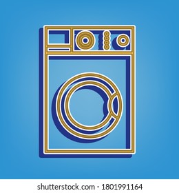 Washing machine sign. Golden Icon with White Contour at light blue Background. Illustration.