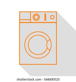 Washing machine sign. Orange icon with flat style shadow path.