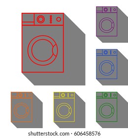 Washing machine sign. Set of red, orange, yellow, green, blue and violet icons at white background with flat shadow.