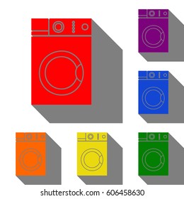 Washing machine sign. Set of red, orange, yellow, green, blue and violet icons at white background with flat shadow.