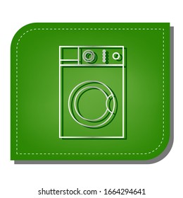 Washing machine sign. Silver gradient line icon with dark green shadow at ecological patched green leaf. Illustration.