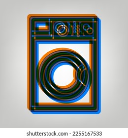 Washing machine sign. Stroked Icon in orange, azure and old lavender Colors at gray Background. Illustration.