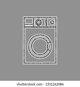 Washing machine sign. Vector. Black maze filled icon with white border at gray background.