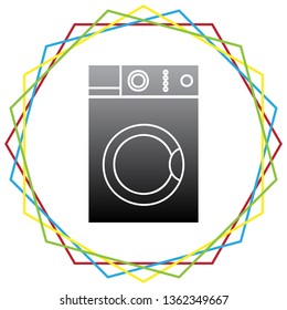 Washing machine sign. Vector. Black icon with patch of light inside colorful hexagonal frames at white background.