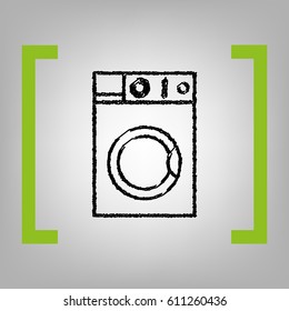 Washing machine sign. Vector. Black scribble icon in citron brackets on grayish background.