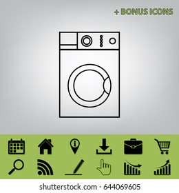 Washing machine sign. Vector. Black icon at gray background with bonus icons at celery ones