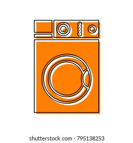 Washing machine sign. Vector. Black line icon with shifted flat orange filled icon on white background. Isolated.