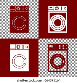 Washing machine sign. Vector. Bordo and white icons and line icons on chess board with transparent background.