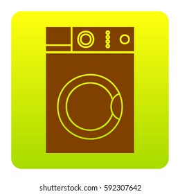Washing machine sign. Vector. Brown icon at green-yellow gradient square with rounded corners on white background. Isolated.