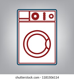 Washing machine sign. Vector. Dark red, transparent and midnight green stroke of white icon at grayish background.