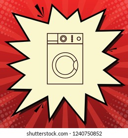 Washing machine sign. Vector. Dark red icon in lemon chiffon shutter bubble at red popart background with rays.