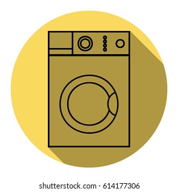 Washing machine sign. Vector. Flat black icon with flat shadow on royal yellow circle with white background. Isolated.