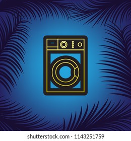 Washing machine sign. Vector. Golden icon with black contour at blue background with branches of palm trees.