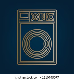 Washing machine sign. Vector. Golden icon and border at dark cyan background.