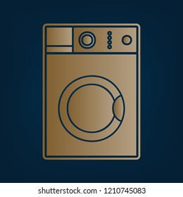 Washing machine sign. Vector. Golden icon and border at dark cyan background.