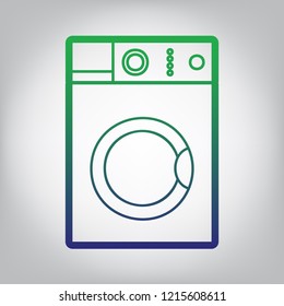 Washing machine sign. Vector. Green to blue gradient contour icon at grayish background with light in center.