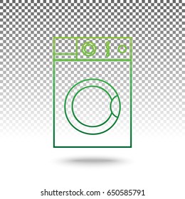 Washing machine sign. Vector. Green gradient icon with shadow at bottom on transparent and white background.