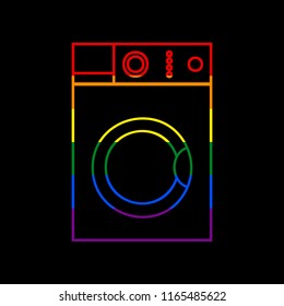 Washing machine sign. Vector. Icon with colors of LGBT flag at black background.